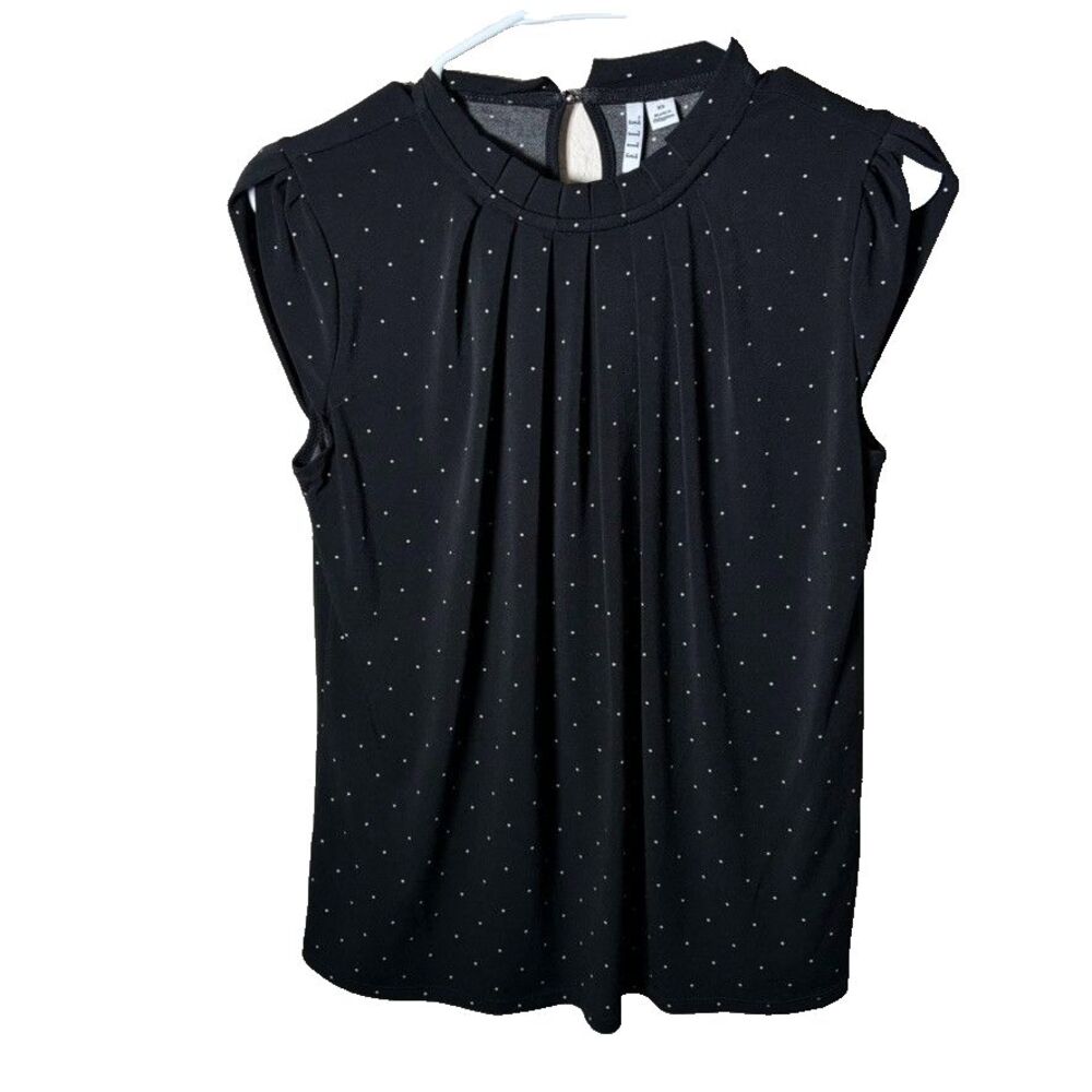 Elle Blouse Women's XS Black Polka Dot Short Sleeve Career Printed Shirt Top